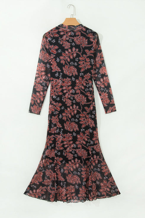 Retro Floral Print Long Sleeve Mesh Maxi Dress