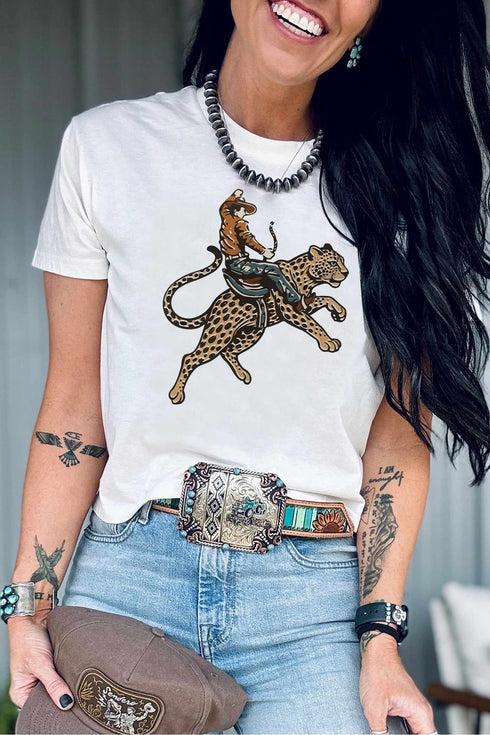 Cowboy Riding Cheetah Graphic Round Neck Tee