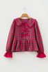 Plaid Tie Neck Ruffle Cuff Long Sleeve Blouse