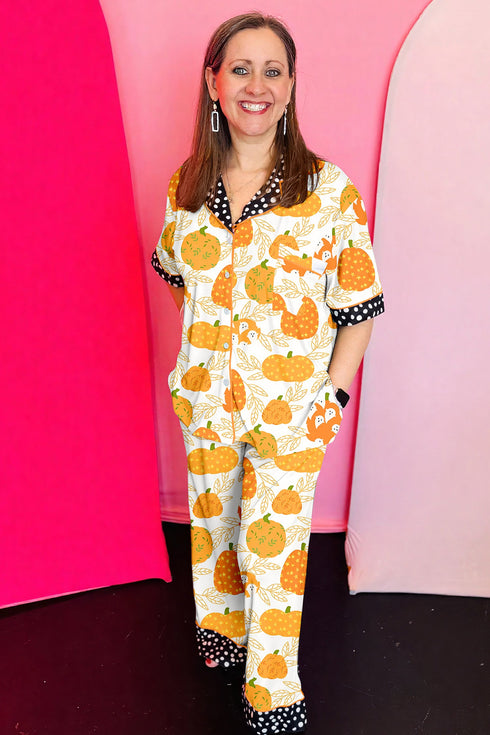 Pumpkin Print Polka Dot Trim Short Sleeve Pocket Loungewear Set
