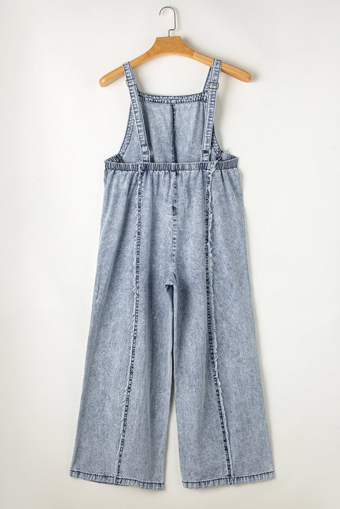 Washed Frayed Exposed Seam Wide Leg Denim Overall Jumpsuit