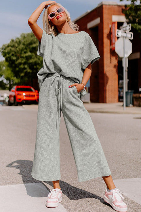 Textured Solid Loose Fit Wide Leg Pant Set