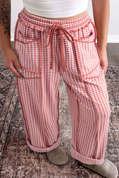 Plaid Trim Drawstring Elastic Waist Shift Pants
