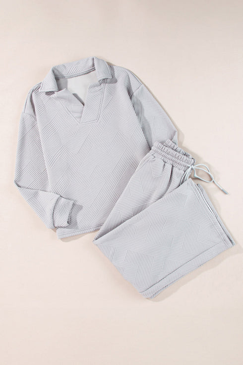 Solid Textured Collared V Neck Wide Leg Pant Sets