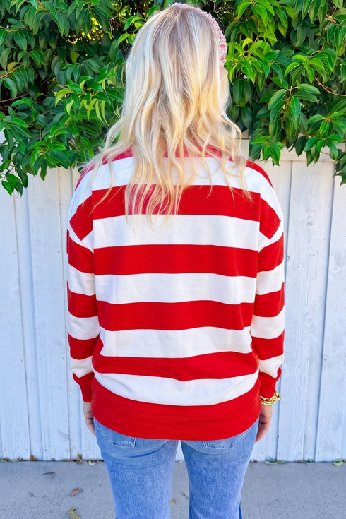 Holly Jolly Letter Embroidered Stripe Pullover Sweatshirt