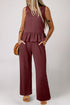 Textured Ribbed Ruffle Tank Top Wide Leg Pant Set