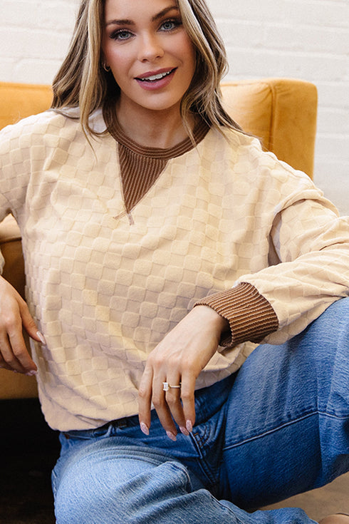 Plush Checkered Twisted Rib Long Sleeve Top