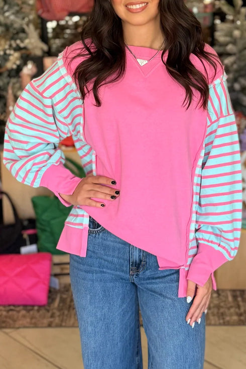 Striped Sleeve Patchwork Split Cuff Relaxed Pullover Top