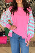 Striped Sleeve Patchwork Split Cuff Relaxed Pullover Top