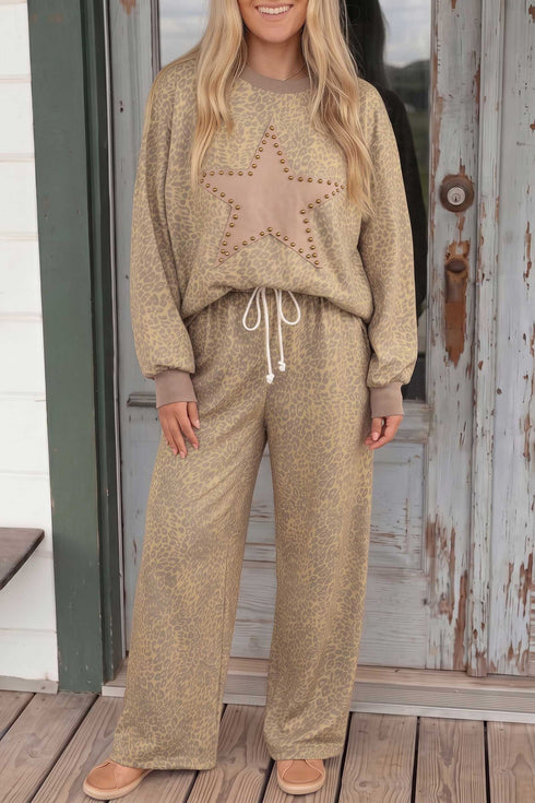 Leopard Star Print Long Sleeve Loose Two Piece Pant Set