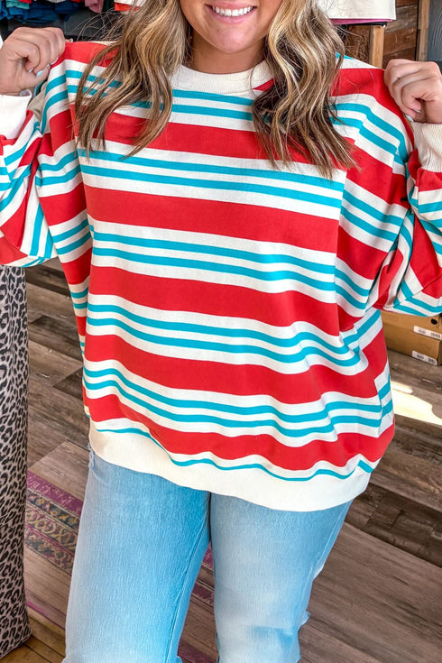 Striped Long Sleeve Round Neck Tunic Sweatshirt