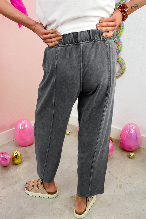 Washed Seam Detail Elastic Waist Barrel Pants