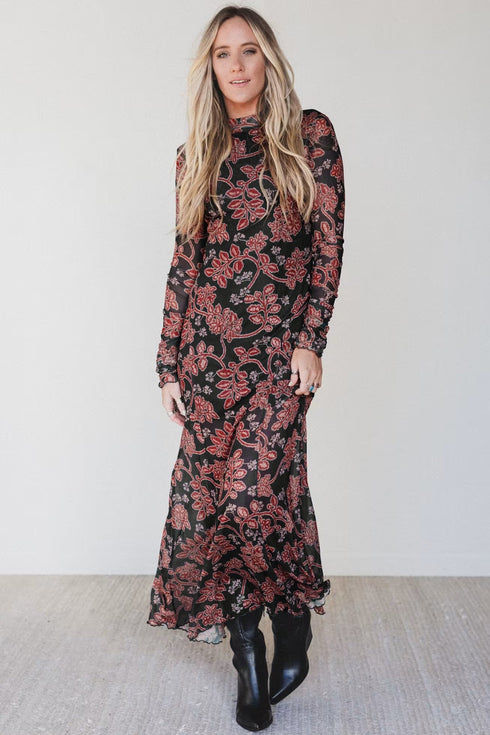 Retro Floral Print Long Sleeve Mesh Maxi Dress