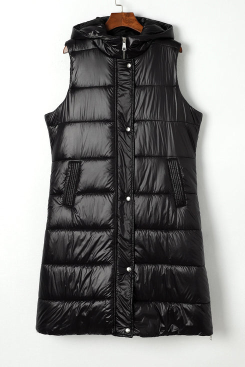 Exclusive Solid Long Quilted Hooded Puffer Vest