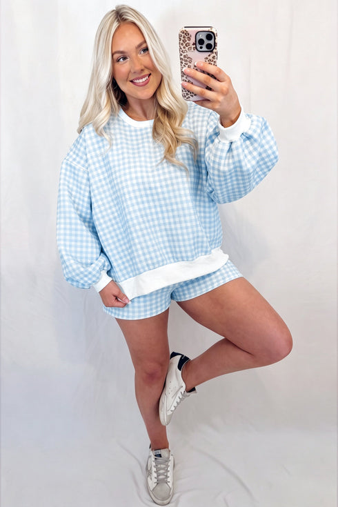 Plaid Baggy Pullover Drawstring Shorts Two Piece Outfit Short Set