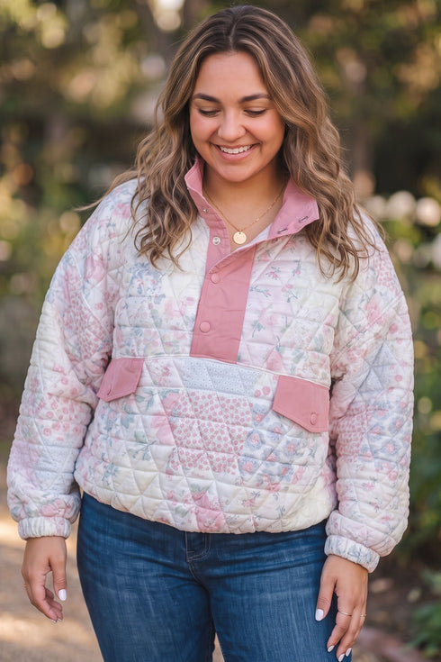 Floral Quilted V Neck Faux Pocket Southern Sweatshirt