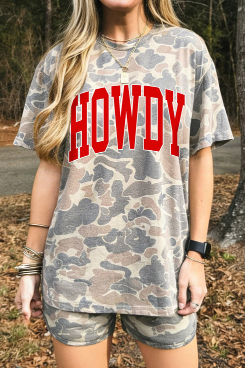 Camouflage Howdy Letter Print Relaxed Tee Drawstring Shorts Set
