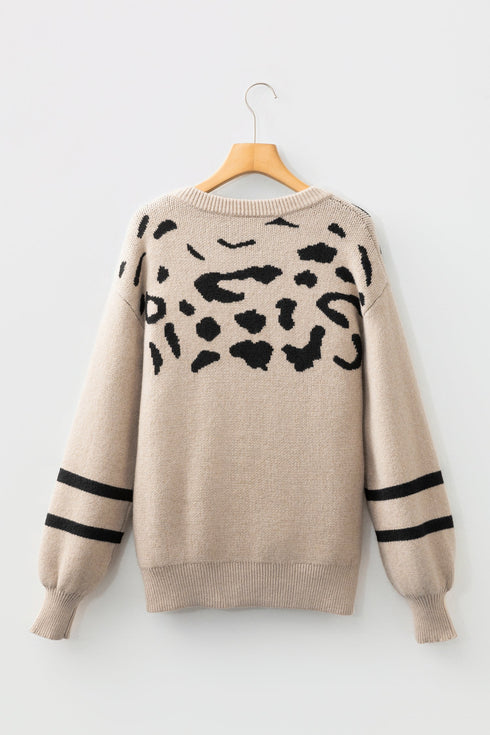 Abstract Animal Print Striped Sleeve Crew Neck Sweater