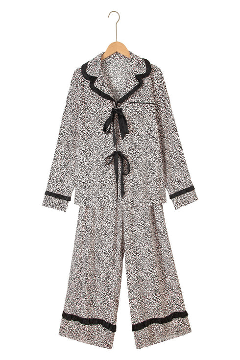 Leopard Print Bow Knot Patchwork Long Sleeve Lounge Set