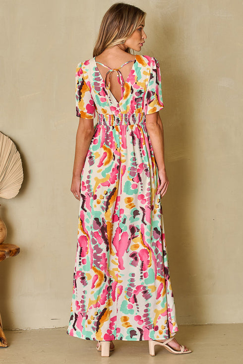 Abstract Print Flutter Sleeve V Neck Maxi Dress