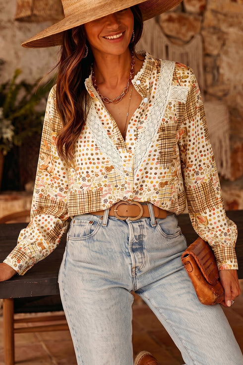 Floral Lace Trim Button Down Long Sleeve Blouse