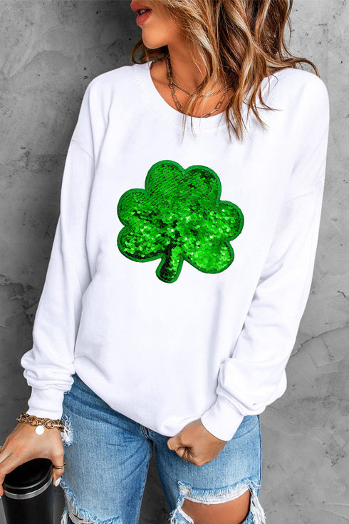 Shimmering Sequin Clover Graphic Crewneck Pullover Sweatshirt