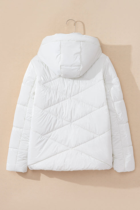 Casual Solid Quilted Hooded Zip Up Puffer Jacket