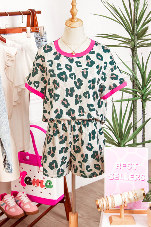 Western Style Leopard Print Contrast Trim Short Set