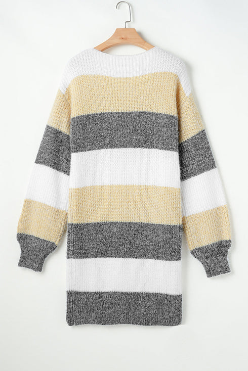 Striped Knit Boat Neck Balloon Sleeve Sweater Dress
