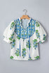 Floral Print Contrast Trim Puff Sleeve Tie Neck Blouse