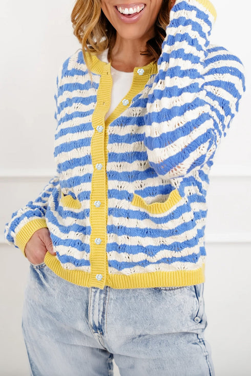 Striped Button Front Long Sleeve Loose Fit Knit Cardigan