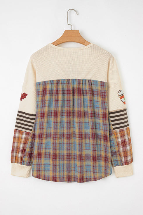 Sequined Plaid Stripe Patchwork Waffle Graphic Long Sleeve Tee