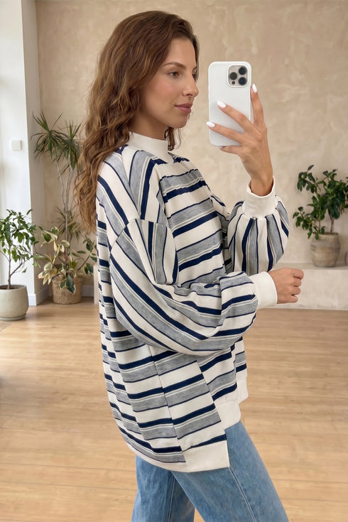 Striped Ribbed Stand Neck Long Sleeve Shift Sweatshirt