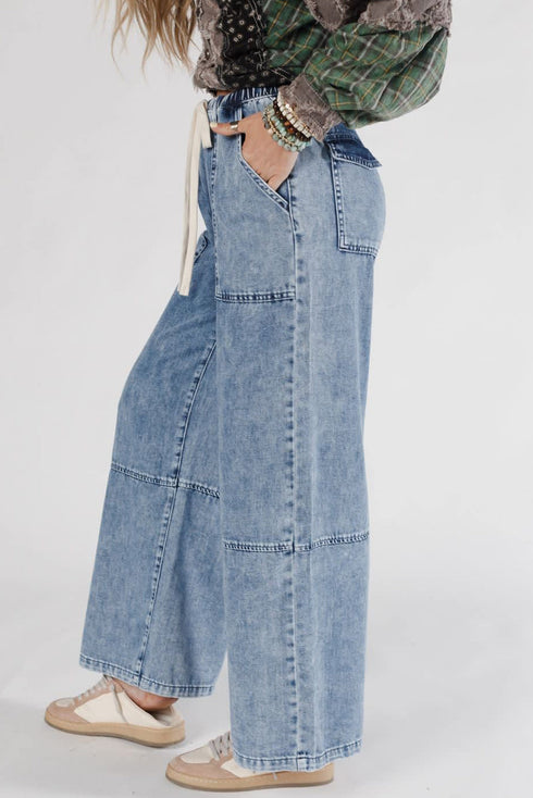 Acid Wash Exposed Seam Elastic Waist Wide Leg Jeans