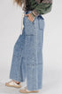 Acid Wash Exposed Seam Elastic Waist Wide Leg Jeans