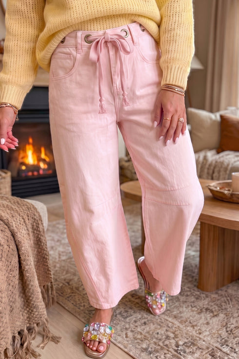 Grommet Knot Waist Detail Curved Barrel Jeans