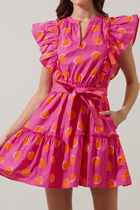 Polka Dot V Neck Ruffled A Line Mini Dress