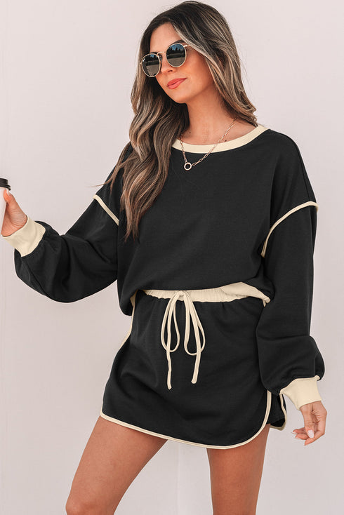 Paneled Loose Pullover And Lace Up Skort Two Piece Set