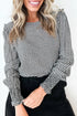 Plaid Shirred Cuff Round Neck Cotton Long Sleeve Blouse
