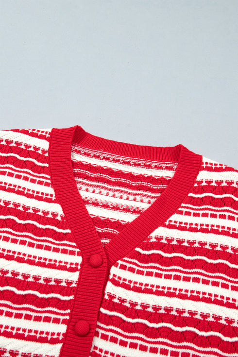 Geometric Striped Pattern V Neck Button Front Cardigan