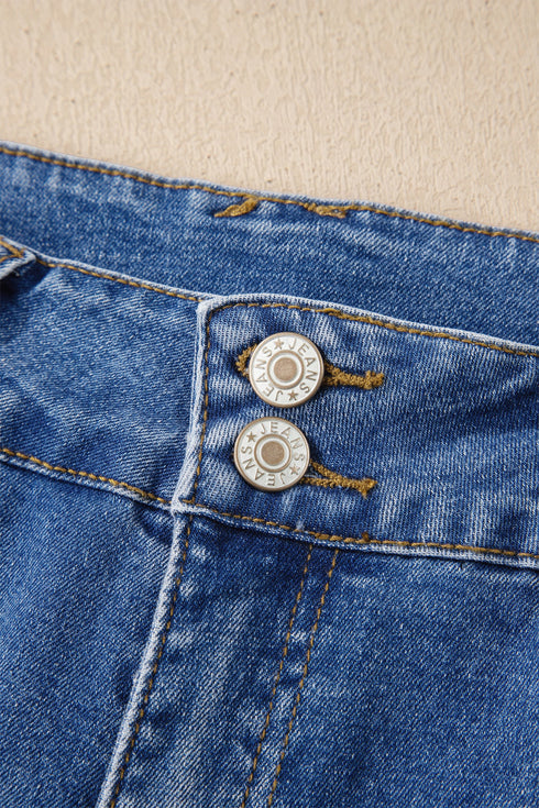 Double Button Zip Fly Wide Straight Leg Jeans