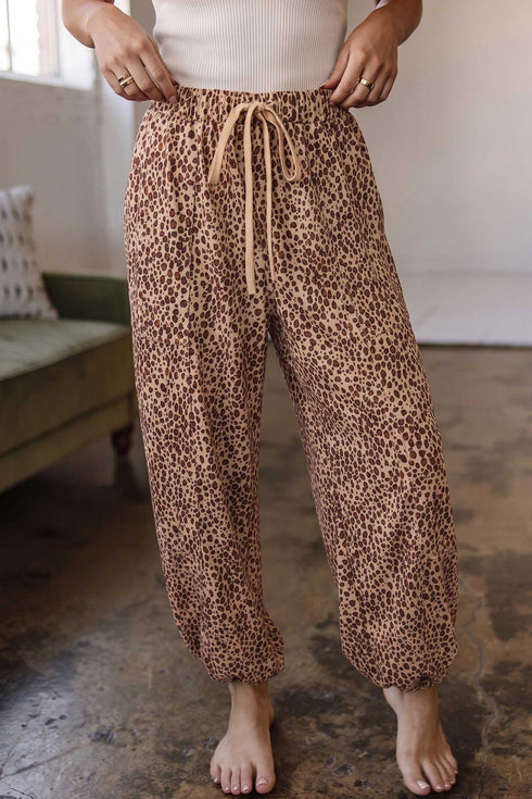 Leopard Print Drawstring Waist Patch Pockets Pants
