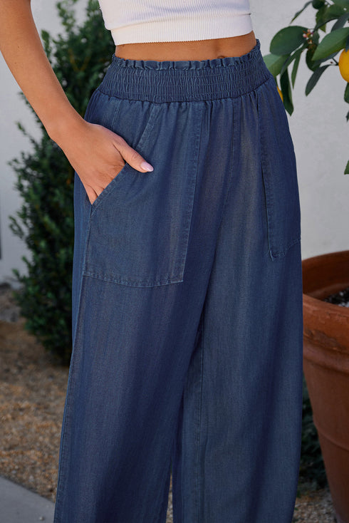 Soft Denim Smocked High Waist Wide Leg Jeans