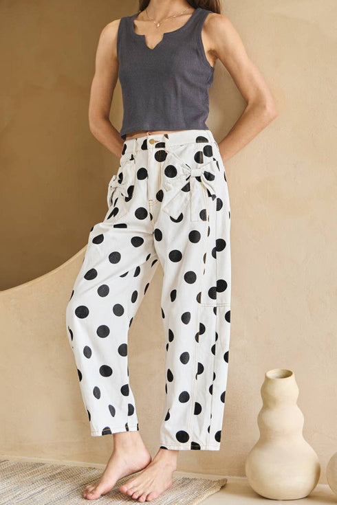 Polka Dot Print Bow Detail Pocketed Denim Jeans