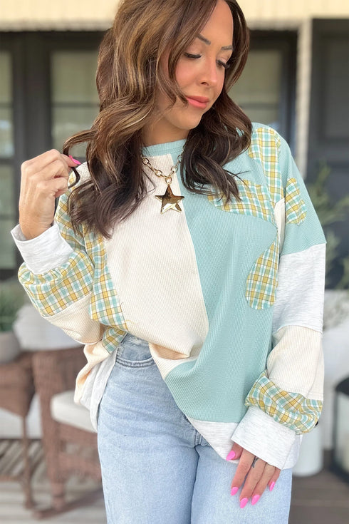 Corded Plaid Applique Patchwork Round Neck Long Sleeve Top