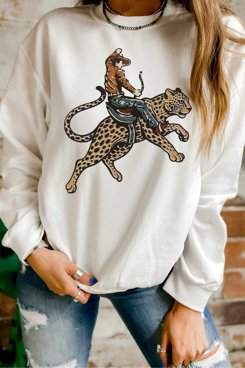 Western Cowboy Cheetah Graphic Relaxed Pullover Sweatshirt