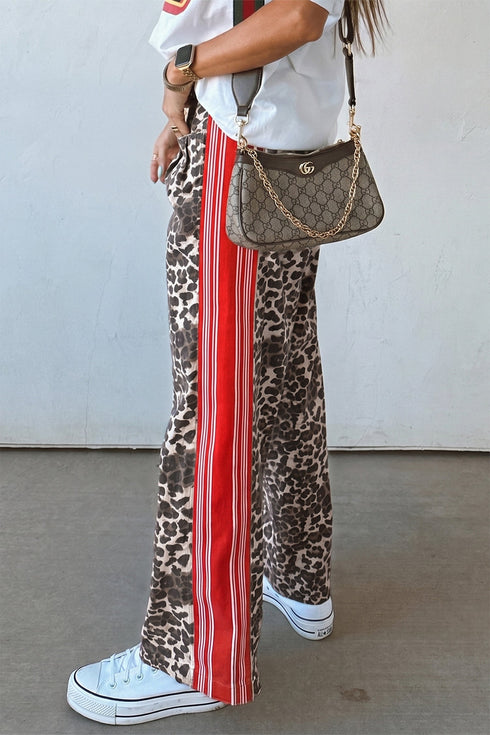 Leopard Patchwork Elastic Waist Panel Detail Jeans