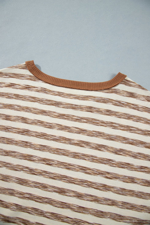 Striped Waffle Knit Round Neck Long Sleeve Top