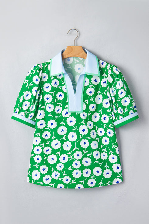 All Over Floral Print Contrast Patchwork Collar Short Sleeve Blouse