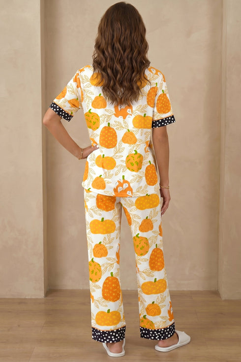 Pumpkin Print Polka Dot Trim Short Sleeve Pocket Loungewear Set
